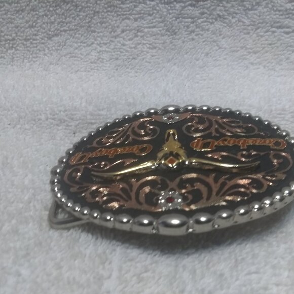 Montana Silversmiths Rose Gold Red Crystal Cowboy Up Texas Longhorns Buckle EC main image 7